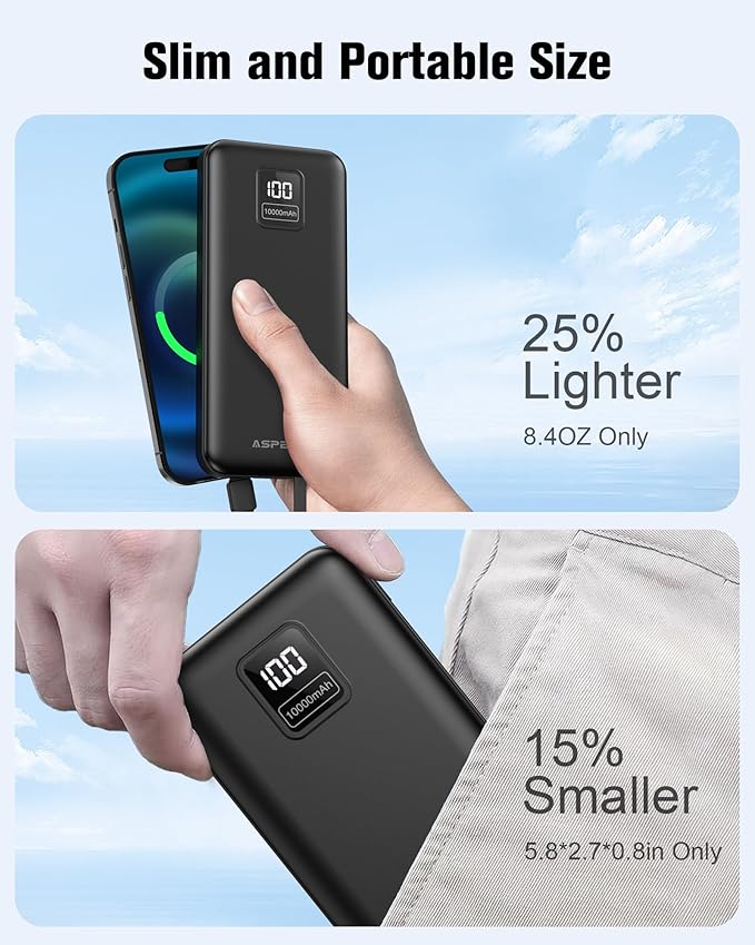 AsperX 2-Pack 10000mAh Portable Charger with Built-in Cables, USB-C Output Power Bank Fast Charging, LED Display Travel Essential Battery Pack for iPhone Android Google Pixel LG iPad Heated Vest, etc