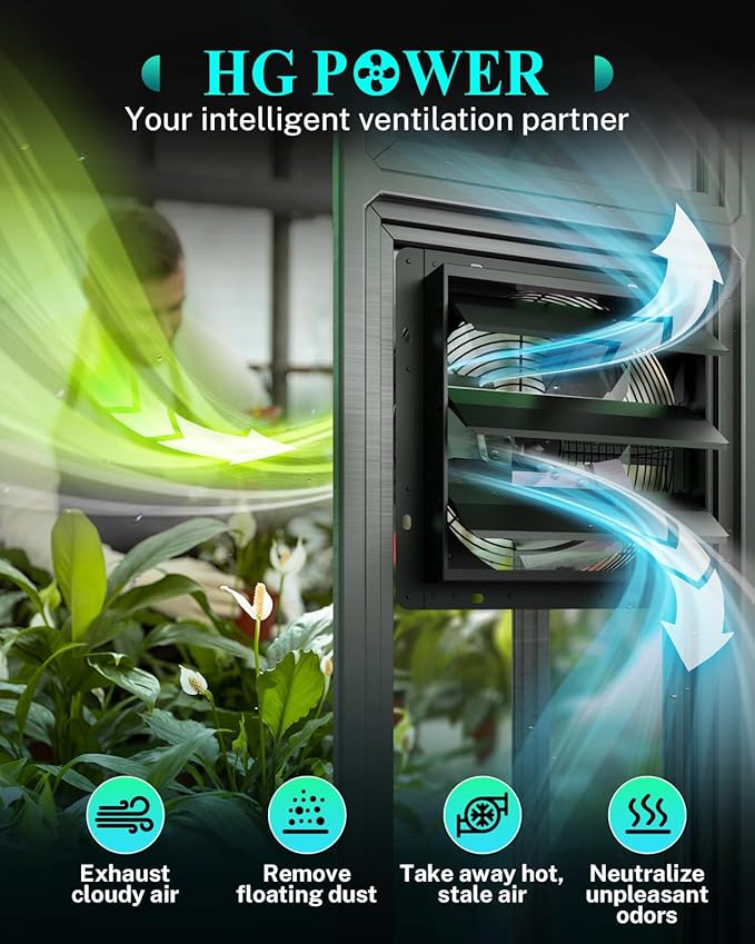 HG Power 14 Inch Attic Fan with Thermostat, Shutter Exhaust Fan with Smart Temperature Humidity Controller, Wall Mounted Greenhouse Fan with EC Motor for Garage, Shed Ventilation, Black