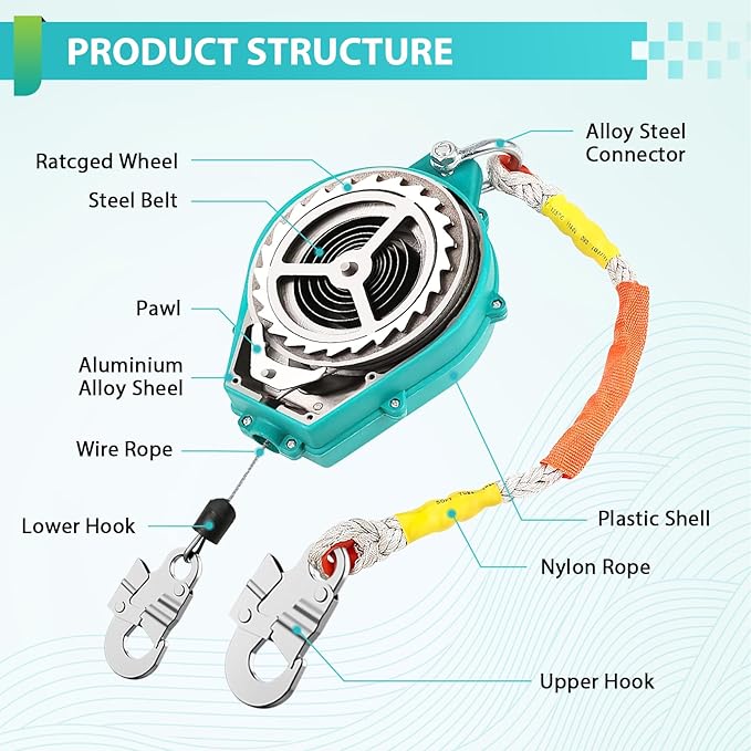 YJINGRUI 66ft/20m Self Retracting Lifeline, Heavy Duty 330lbs Retractable Safety Lanyard with Alloy Steel Hook & Aviation Wire Rope, Fall Arrest Fall Protection Device for Construction/Roof Work