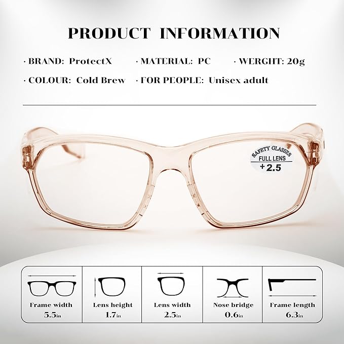 ProtectX Stylish Anti-Fog & Scratch-Resistant Safety Glasses With Readers, UV Protection Goggles, Anti-Impact Lightweight Glasses for Men＆Women Cold Brew Reading 2.5-6 Pack