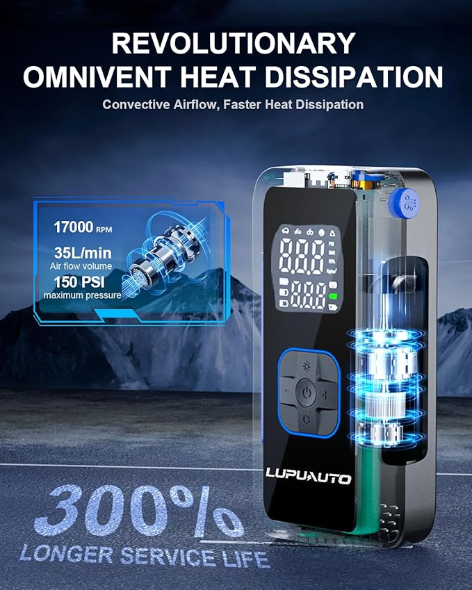 Tire Inflator Portable Air Compressor, 150PSI Air Pump Tires Portable with Pressure Gauge, Tire Inflator with LED Light for Car, Bike, Motorcycle, Balls