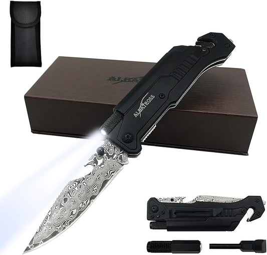 ALBATROSS 6-in-1 Modern Damascus Steel Folding Pocket Knives with LED Light,Seatbelt Cutter,Glass Breaker,Magnesium Fire Starter,Bottle Opener;Multi-Function Emergency Tool(Black-DA)