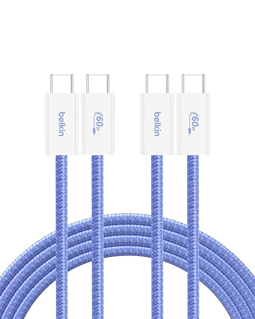 Belkin USB C to USB C Cable 2-Pack, 6.6ft, 60W - Type C Charger, iPhone Charger Cord, Soft, Braided, Flexible for iPhone 16, Galaxy S25, Pixel 9, Airpods, iPad Pro & More, Travel Essentials - Blue
