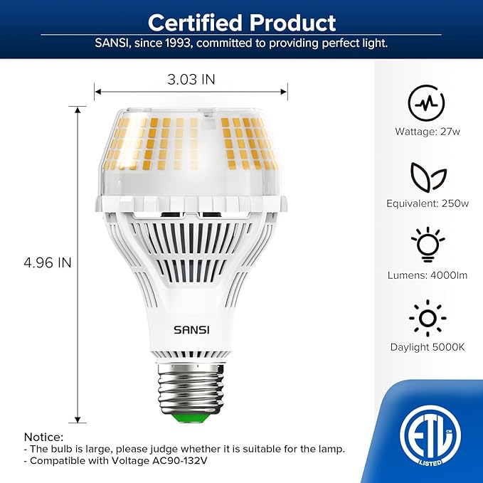 SANSI Dimmable LED Light Bulb 250 Watt Equivalent, 3000K Soft Warm White 4000 Lumens E26 A21 LED Light Bulbs 2 Pack, 22-Year Lifetime, 27W Power Energy Saving Light Bulb for Home Office