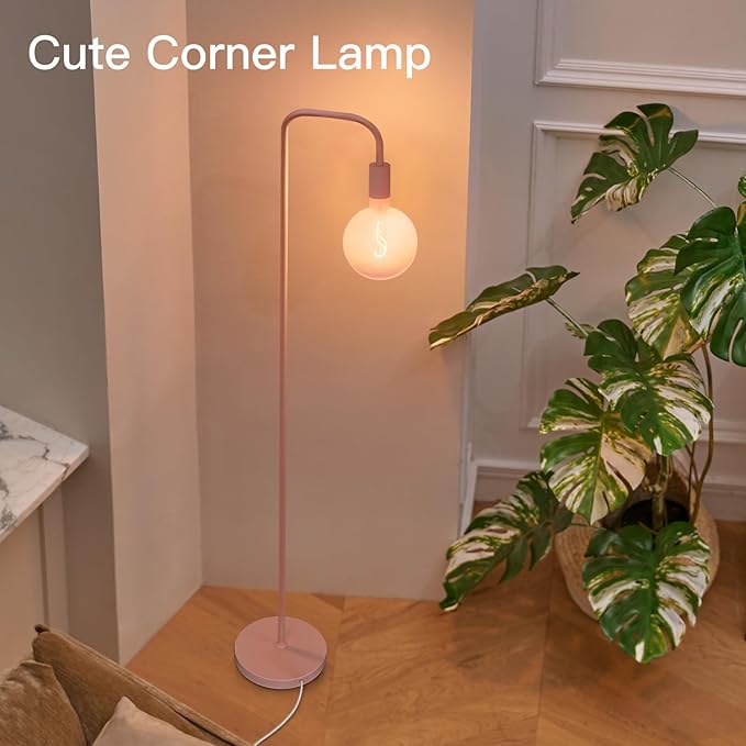 ONEWISH Pink Floor Lamp for Bedroom, Cute Standing Lamp with LED Bulb, Translucent Pink Globe Glass 2700k Warm Lighting. Globe Floor Lamp for Livingroom, Bedroom,Office