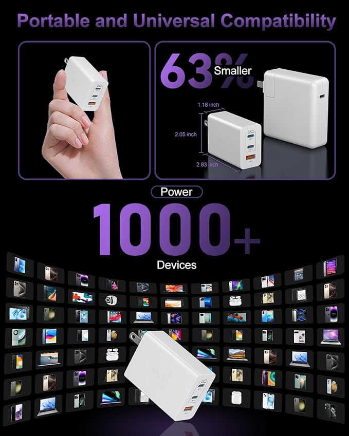 USB C Charger Block 100W, 3-Port GaN Super Fast Charger, Type C Wall Charger Adapter with 6.6ft USB C Charging Cable for MacBook Pro/Air,iPad Pro, i-Phone 16/15Pro, Galaxy S24/S23 and More[2 Pack]