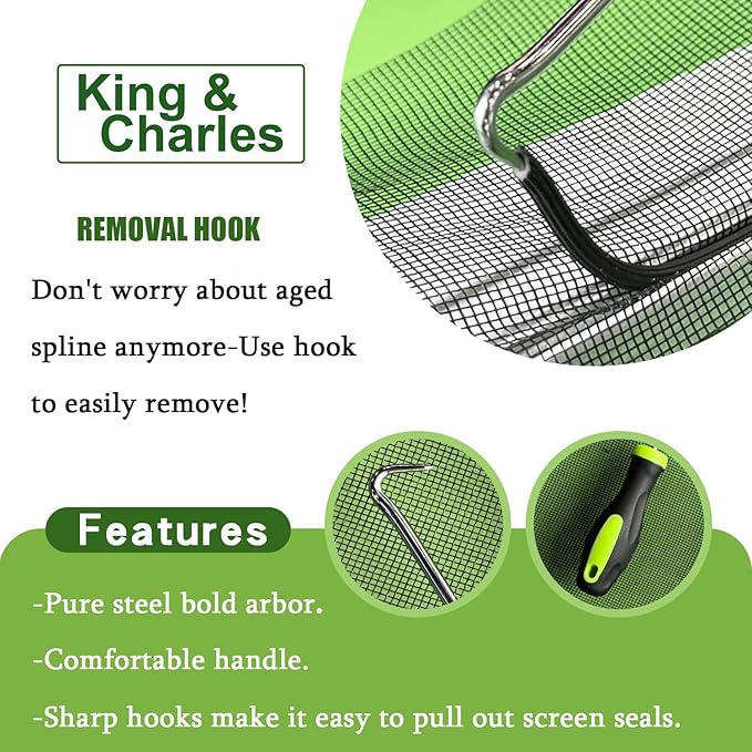 Screen Repair Kit/Tool, King&Charles Screen Roller Tool, Steel Roller with Bear, 32 ft Spline, Removal Hook, 3 in 1 Window Repair Kit, for Installing Door Window Mesh.
