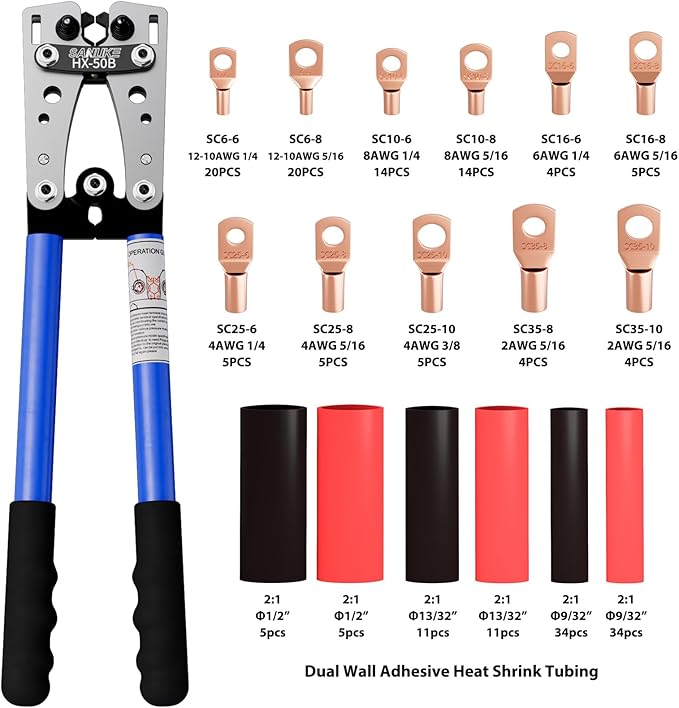 Sanuke Battery Cable Lug Crimping Tool Kit for AWG 8-1/0 Electrical Wire Lugs, Wire Crimper with 100pcs Ring Terminals 100pcs Heat Shrink Tubing and A Bag