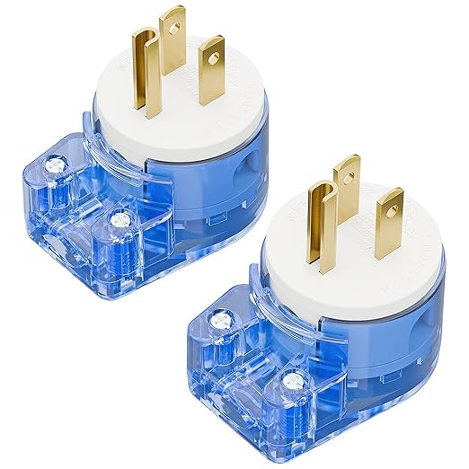 2 Pack Nema 5-15P Plug, Plugrand 90 Degree Right Angle Plug 15A 125V Angled Plug, Nema 5-15P DIY AC Plug, USA 3-Prong Household Right Angle AC Plug, Transparent Blue ETL Verified