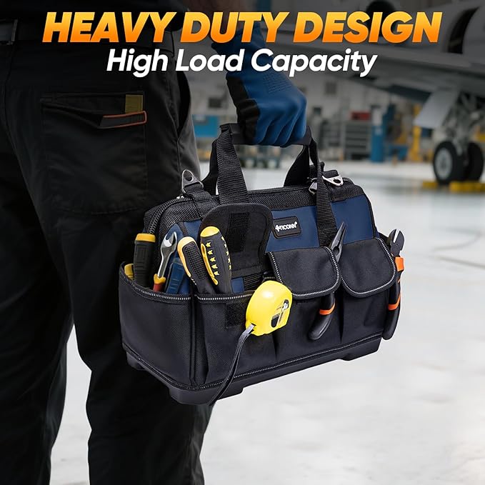 TICONN Heavy Duty Tool Bag with Multi-Pockets, Portable Tool Box Organizer Storage Bag, with Adjustable Shoulder Strap and Ergonomic Handle (Blue, 14" Molded Base)