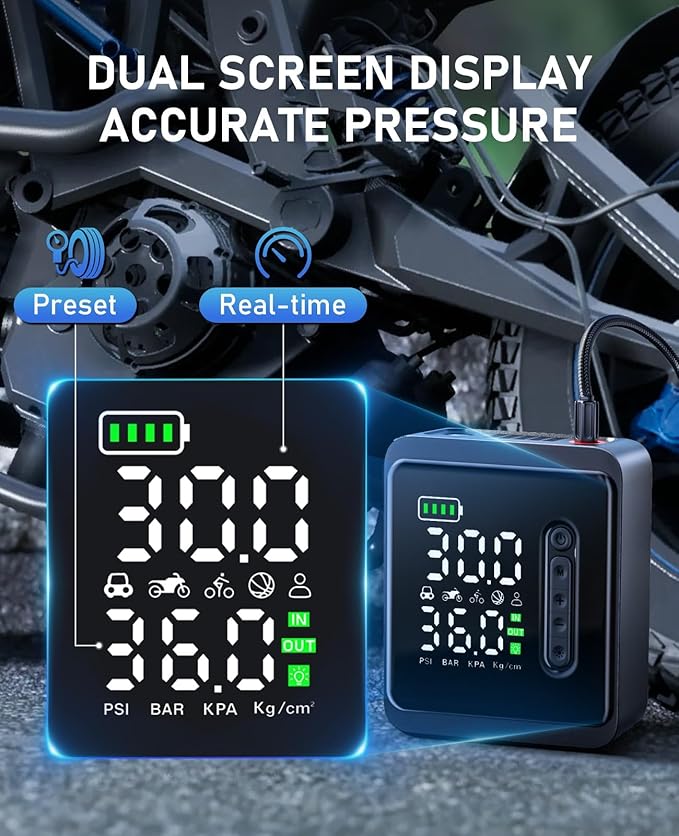 Tire Inflator Portable Air Compressor, 150PSI Cordless Air Pump for Car Tires, 3X Faster Battery & 12V DC Dual Power Electric Bike Pump with Pressure Gauge, for Car Bicycle Ball and More