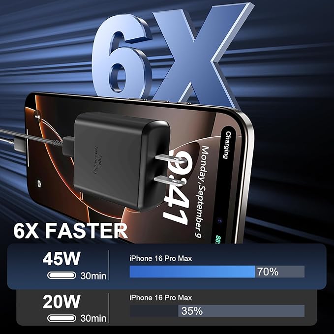 Phone 16 Pro Max Charger Fast Charging, 45W USB C Phone 16 Super Fast Charger Block with 6.6ft Long Type C Charging Cable Cord for Phone 16/16 Pro/16 Pro Max/16 Plus, 15/15 ProMax/Pro/Plus-White+Black