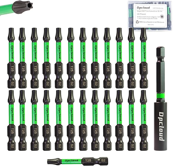 T25 Impact Screwdriver Bit Set, 26 Pieces 2”S2 Steel Magnetic Security #25 Torx Tips Driver Power Bit Set with Extension Impact Bit Holder