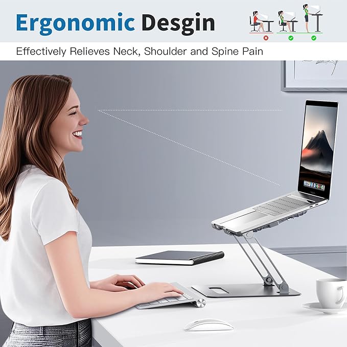 Adjustable Laptop Cooling Stand with 2 Quiet Fans & RGB Lighting, Aluminum Alloy & Foldable Ergonomic Design for MacBook, Lenovo, ASUS, Dell 10-16 Inch, Perfect for Gaming, DJ, Office - Silver