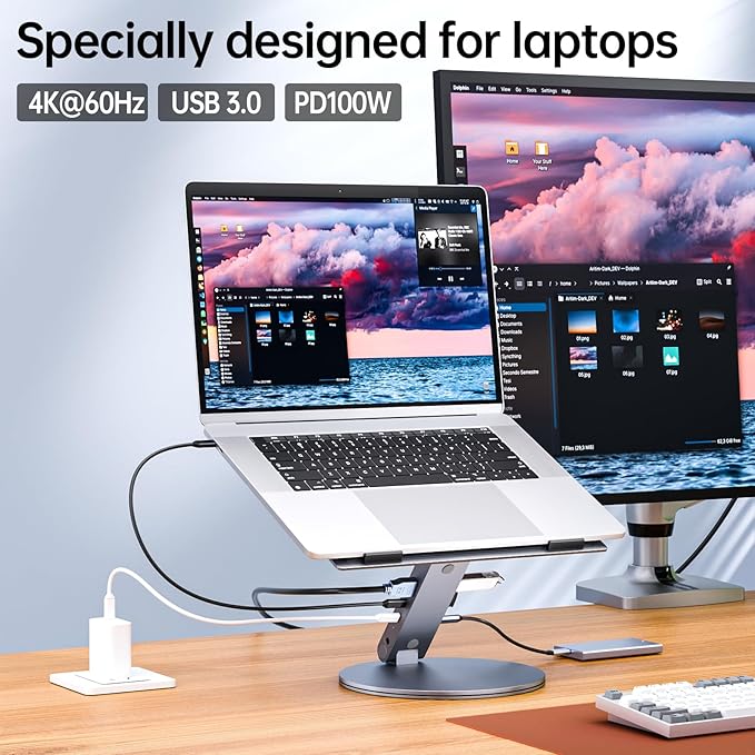 Adjustable Laptop Stand with 6-in-1 USB C Docking Station, 360° Rotatable, 4K HDMI, USB3.0, PD100W, Compatible with 12-16 inch MacBook, Dell, Surface