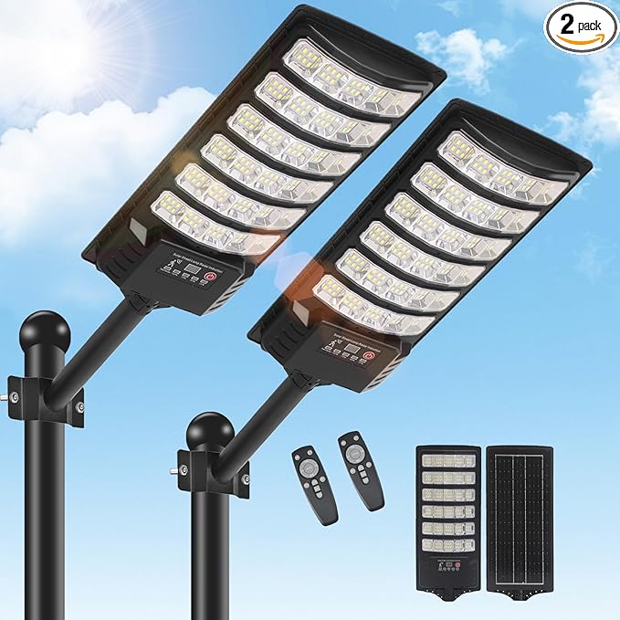 2 Pack Solar Street Light Outdoor 30000LM 6500K Waterproof Motion Sensor LED Solar Powered Flood Light with Remote Control Dusk to Dawn Commercial Area Lighting for Outside Parking Lot