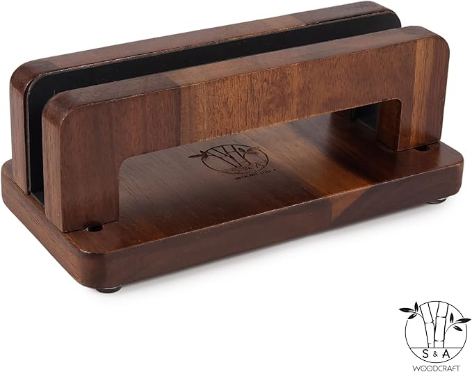 S&A WOODCRAFT Brown Acacia Wood Vertical Laptop Stand, Adjustable Wooden Laptop Holder, Non-Slip Laptop Dock Compatible with Apple MacBook, Microsoft Surface, Gaming Laptops, IPad, Tablets