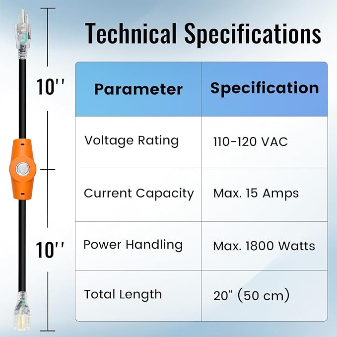MAXKOSKO 1PC 120V 15A Temperature Controlled Extension Cord, Heat Cable Controller, Thermostatically Controlled Outlet Auto On/Off Below 37°F/Over 50°F, 20" Cord for Covered Outdoor Outlets