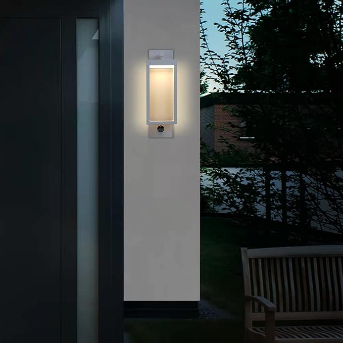 Lustrlach 2 Pack White Outdoor Wall Lights with Motion Sensor,15in LED Exterior Modern Porch Light Fixture IP54 Waterproof Wall Mount Lamp Wired for Outside Garden Front Door Patio