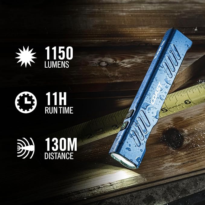 Coast Slayer 1150 Lumen USB-C Rechargeable LED Flashlight with Spot/Flood, Memory Mode and Pocket Clip, Blue