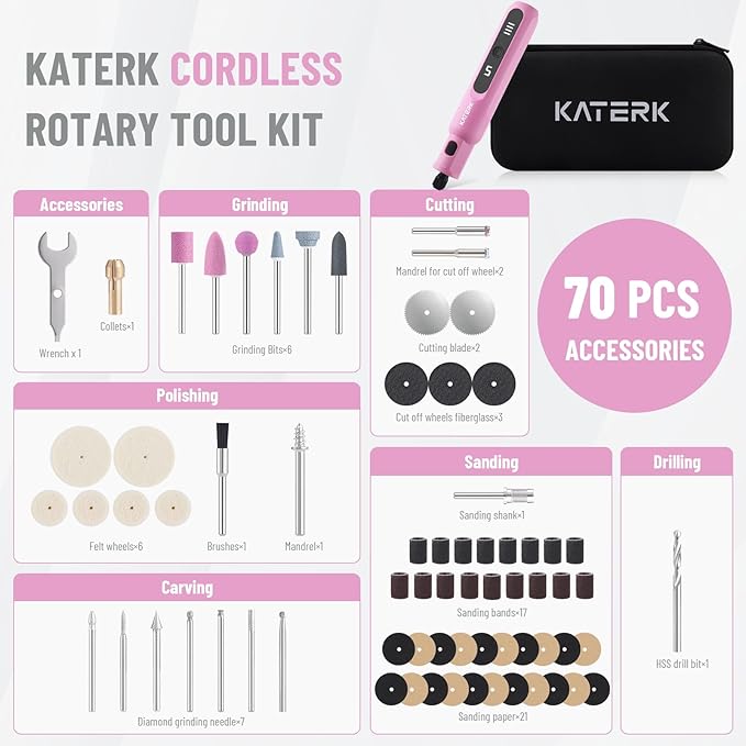 Katerk Cordless Rotary Tool Kit, 3.7V Mini Rotary Tool with 5 Speed and 70PCS Accessories, 20000RPM, USB Charging Multi-Purpose Power Tool for Engraving, Sanding, Drilling, Polishing, Cutting, Pink