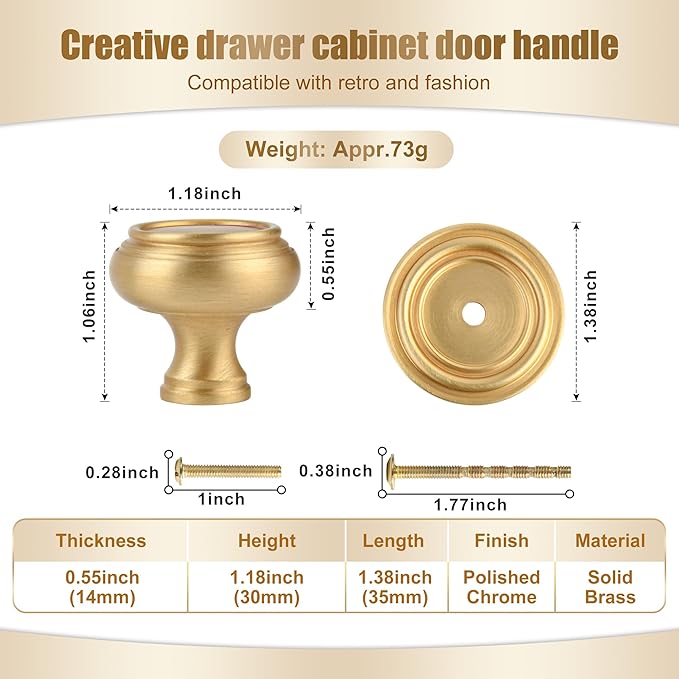 2 Pack Brushed Gold Solid Brass Kitchen Cabinet Knobs,Drawer Pulls, 1.18 Inch 30mm Diameter, Modern Furniture Handles for Cupboard Wardrobe(Antique)