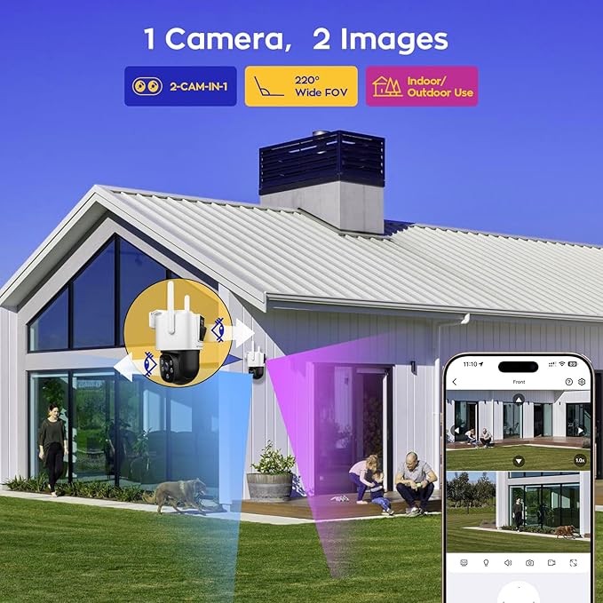 xmartO [WiFi 6 Dual-Lens Camera] 2-in-1 QHD WiFi Home Security Camera with AI Tracking, Pan Tilt Zoom, 5G/ 2.4G Dual Band, Bluetooth Easy Setup (Add-on CAM to NVR, Also Works Standalone)