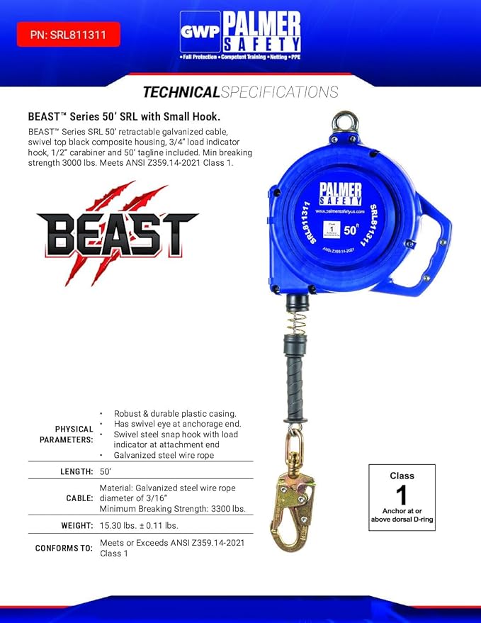 Palmer Safety SRD 50 FT. Self Retracting Lifeline I ANSI Z359.14-2021 Class 1 I SRL Device Swivel Top Galvanized Cable w/Small Steel Snap Hook I Fall Arrest Safety Yoyo