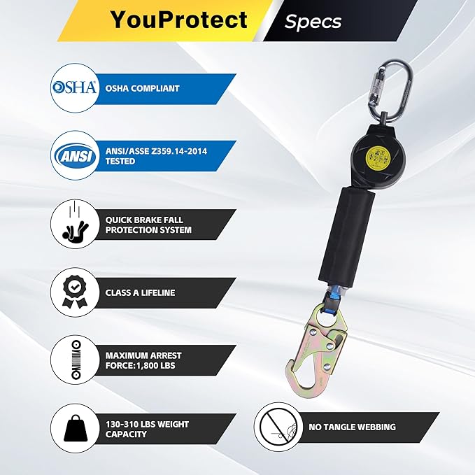 6FT Self Retracting Lifeline Fall Protection Retractable Lanyard, Fall Arrest Safety Yoyo for Construction Industrial - OSHA/ANSI Compliant (Small Hook)