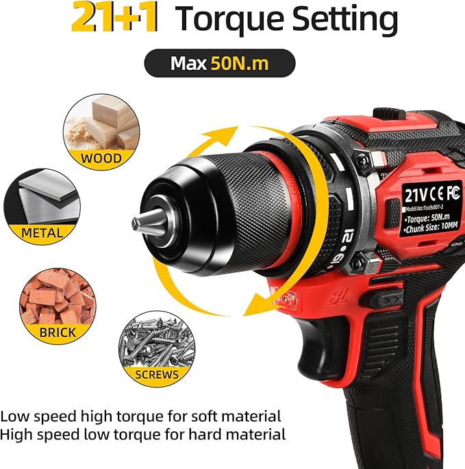 21V Cordless Power Drill/Driver Set, 2 Variable Speeds with LED Light, 3/8" Keyless Chuck, 2 Batteries & Charger, 28-Piece Kit for Home Use（Red)