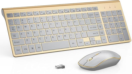 J JOYACCESS Wireless Keyboard and Mouse Combo, Ergonomic and Quiet Wireless Keyboard and Mouse Set, Portable and Customizable DPI for Laptop, Computer and PC(Gold Silver)