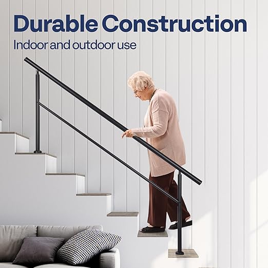 VIVOHOME 2-Pack 6 Step Hand Rails for Outdoor Steps, Galvanized Steel Railing, Black Round Exterior Handrails for Porch, Deck, or Indoor Stairs, Complete Installation Kit