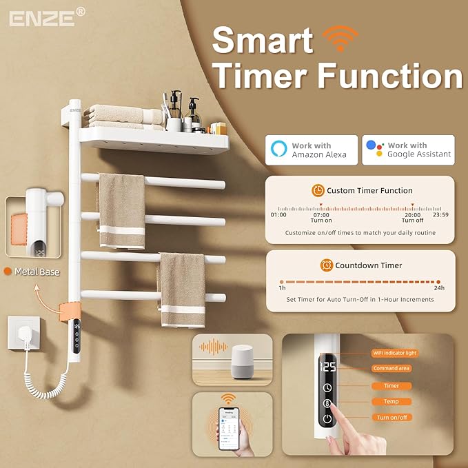ENZE Smart Rotating Heated Towel Rack for Bathroom, Wall-Mounted Electric Towel Dryer with Swivel Bars & Shelf, Smart Timer, Low Carbon Steel, Plug-in/Hardwired, Towel Warmer with Wi-Fi App Control