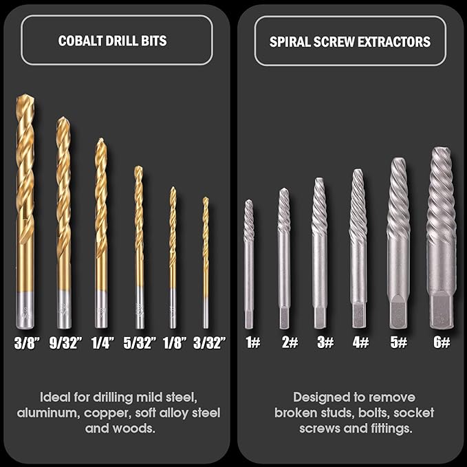 REXBETI 26-Piece Bolt Extractor Screw Extractor Set and Cobalt Drill Bit Set, Case with 13-Piece Bolt Extractor, 6-Piece HSS Drill Bit, 6-Piece Spiral Screw Extractor and 1-Piece Socket Adapter