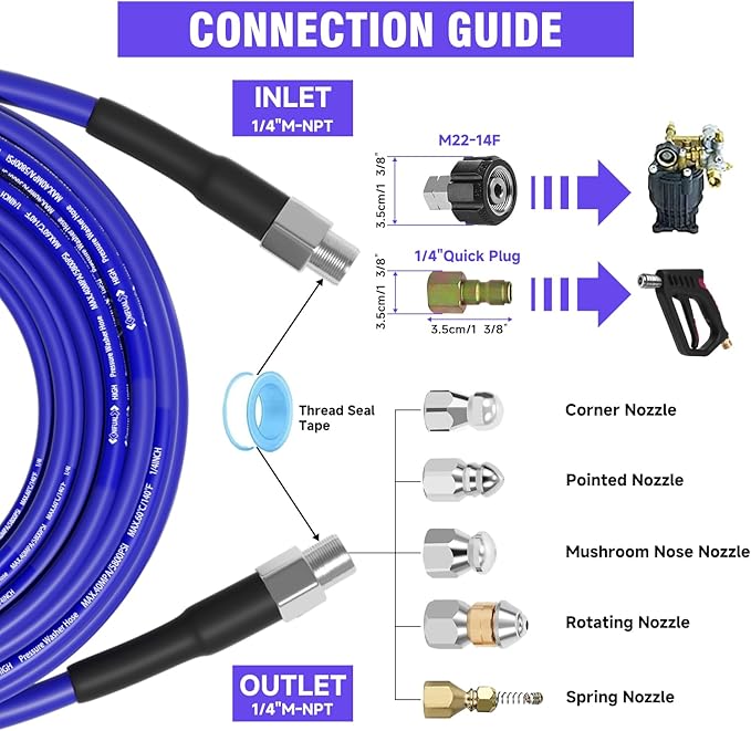 NIFUAL 150FT Sewer Jetter Kit for Pressure Washer, 5800PSI Drain Cleaner Hose 1/4 Inch NPT Corner, Rotating and Button Hose Sewer Jetting Nozzle Waterproof Tape Pearl Corsage Pin Spanner Glove