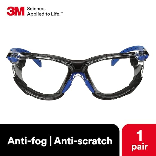 3M Safety Glasses, Solus 1000 Series, ANSI Z87, Scotchgard Anti-Fog, Clear Lens, Blue/Black Frame, Removable Foam Gasket and Strap
