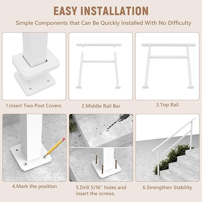 Hand Rails for Outdoor Steps,4-5 Step Railing for Stairs,Adjustable Porch Railing,Hand Rails for Seniors,Outdoor Deck Handrails for Exterior Steps,White