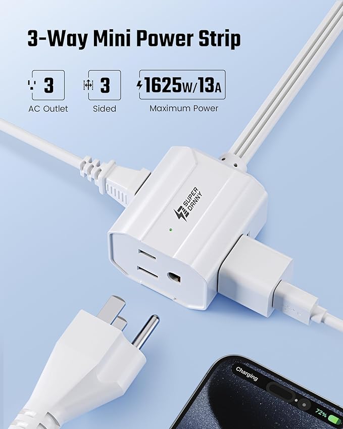 Extension Cord 1.5ft SUPERDANNY Mini Power Strip Ultra Right Angled Flat Plug for Tight Spaces,Indoor Extension with 3 Outlets,for Office Home Appliances,Non Surge Protector for Travel Cruise,White