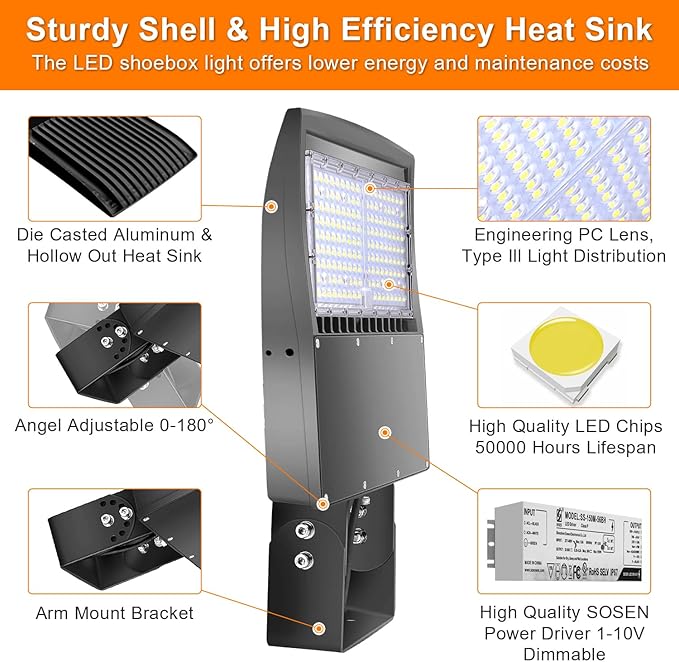 480V 150W LED Parking Lot Lights, 21000LM LED Shoebox Street Light Flood Light (500W MH/HPS Equiv.), 5000K Dimmable Commercial Area Lighting with 20KV Surge Protection, IP65 277-480V UL&DLC Listed