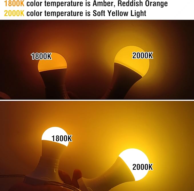 E26 Amber Light Bulbs 2000K, Warm Light Bulb 60W Equivalent, 800lm, A19 9W Soft Yellow Light Bulbs for Porch, Patio, Bedroom, Nursery, Healthy Sleep, Night Light, Non-Dimmable, 2 Pack