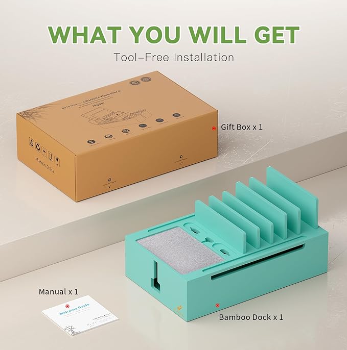 Pezin & Hulin Bamboo Charging Station, Electronic Devices Organizer for Multiple Devices Charger Such As Cell Phone, Tablet, Watch and More, Teal, (No USB Charger and Cables