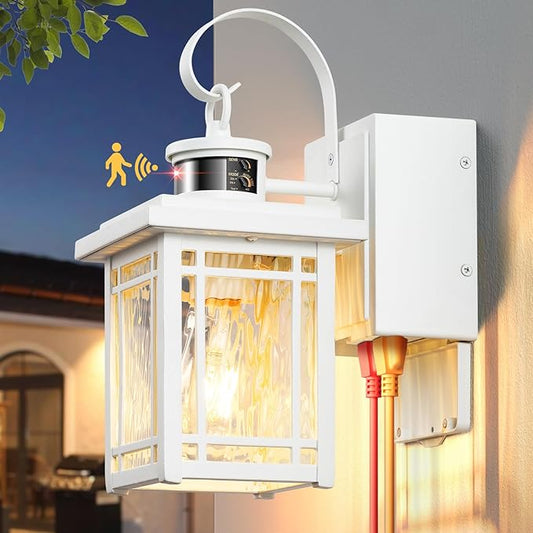 Outdoor Porch Light with GFCI Outlet, White Exterior Lighting Fixtures Wall Mount, Motion Sensor Outdoor Wall Sconce, Anti-Rust Coach Lights for Garage, Modern Patio Lantern Lights for House