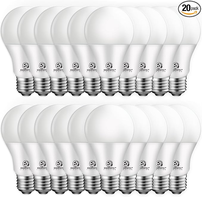 E ENERGETIC LIGHTING Dimmable LED Light Bulbs, 60W Equivalent, Cool White 4000K, 8.5W 800 Lumens LED Bulbs, E26 Base Standard Light Bulbs, ETL Listed, 20 Packs