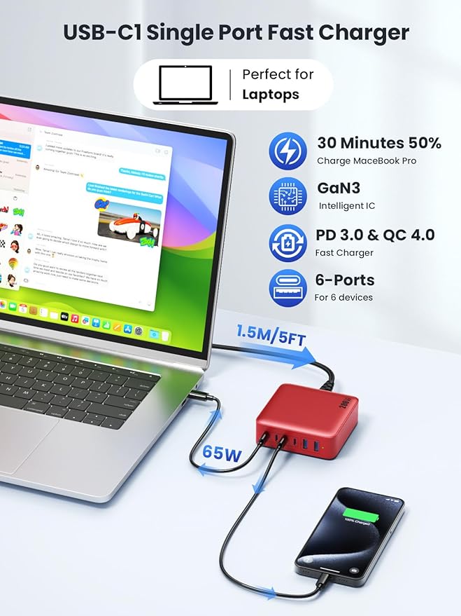 USB C Charger Block 200W,Upgraded GaN IV 6-Port USB C Charger, Fast Charging Station Hub, PD 65W Laptop Adapter Compatible with DELL HP MacBook Pro/Air/iPad, iPhone 16/15/14, Galaxy S24 etc-Red
