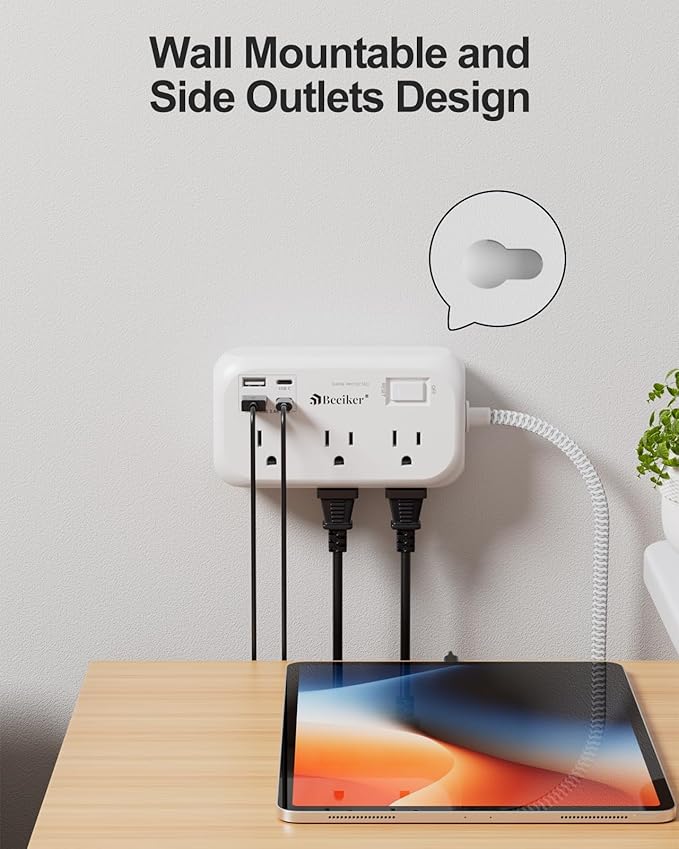 4 USB(2 USB C) Surge Protector Power Strip with Switch- 6 Ft Flat Braided Extension Cord with 6 Widely Outlets, Flat Plug Wall Mount Desk USB Charging Station for Home Office Dorm Room Travel 1625W