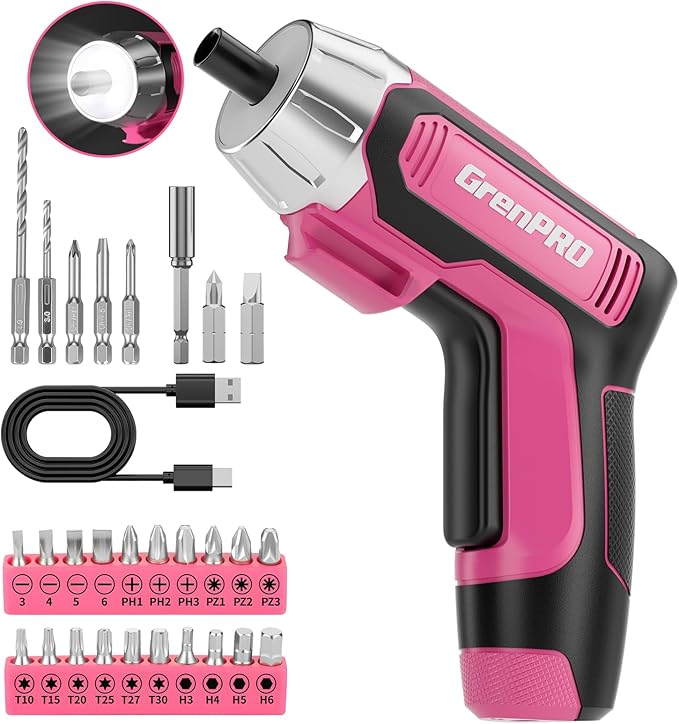 4V Electric Screwdriver Rechargeable 29pcs, Cordless Screwdriver, USB Small Power Screwdriver Set with Bits, Pink