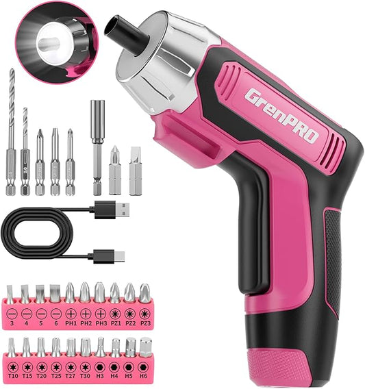 4V Electric Screwdriver Rechargeable 29pcs, Cordless Screwdriver, USB Small Power Screwdriver Set with Bits, Pink