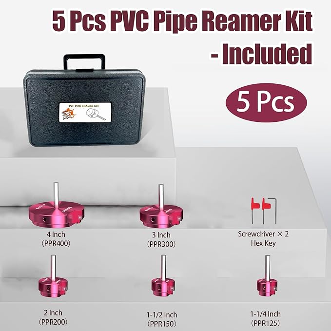 5 Pcs PVC Pipe Reamer Kit, PVC Fitting Saver Plastic Pipe Fitting Reamer Socket Saver Plumbing Tool Includes 1 1/4'', 1 1/2'', 2'', 3'', 4'' for Schedule 40 Fits Standard 1/2" Drill