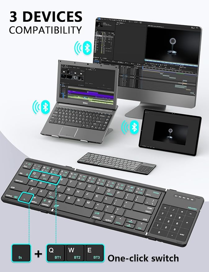 Nillkin Foldable Keyboard with Touchpad, Bluetooth Keyboard with Number Pad, Full Size Keys, Large Trackpad Small Travel Portable Keyboards for iPad Laptop PC Tablets -Black