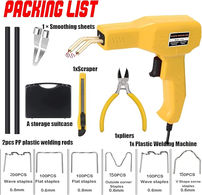 Plastic Welder,2 in 1 Plastic Welding Repair Kit with 1000pcs Hot Staples,2pcs Plastics Welding Rods,knife,Plier, Hot Staples Weld Gun Repair Kit for Car Bumper And Most Plastics (Yellow)